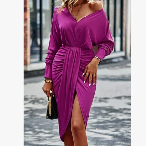 Ruched Wrap Midi Dress - Long Sleeve V-Neck w/ Split Hem | Elegant & Flattering - Picture 3 of 9